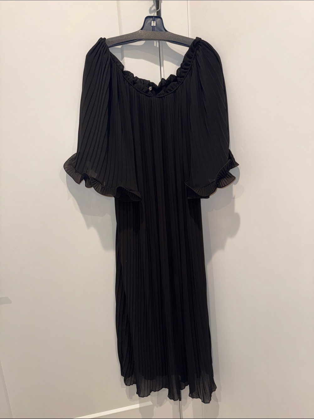 Women's Black Pleated Maxi Dress with Ruffled Cape Sleeves